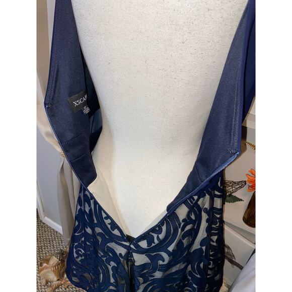 Xscape Women’s Embroidered V-Neck Fit & Flare Dress GUC Navy Blue Nude Lining - Picture 9 of 13